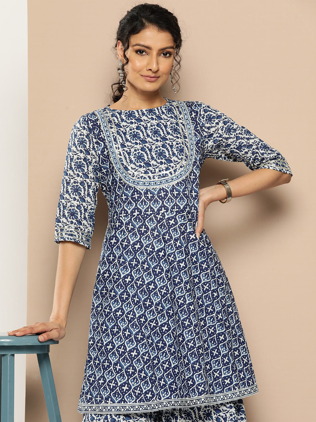 KSUT (House of Varanga) Indigo And White Floral Printed Flared Kurta Sharara Set - Distacart