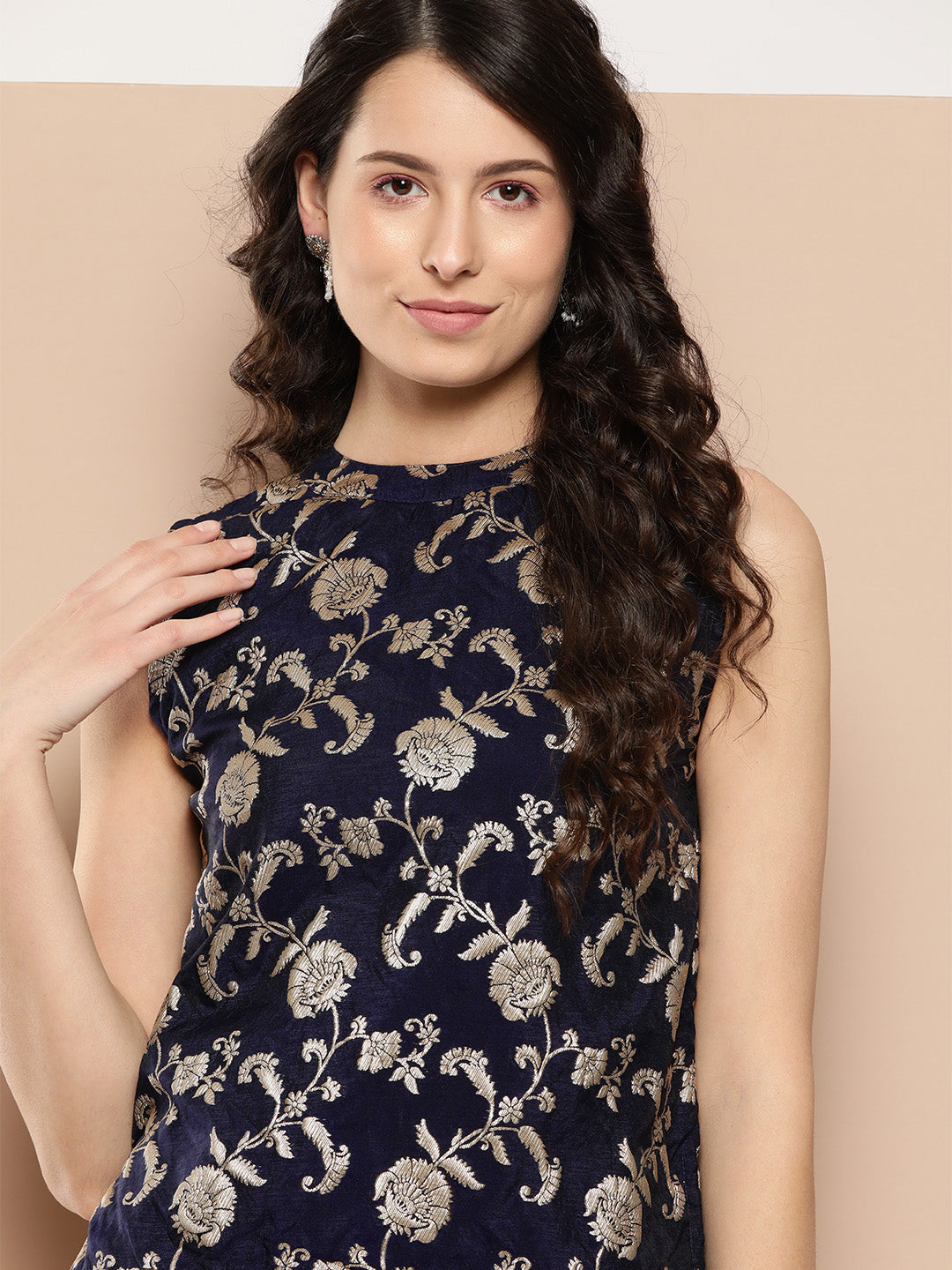 InWeave Women's Navy Blue Brocade Halter Top - Distacart