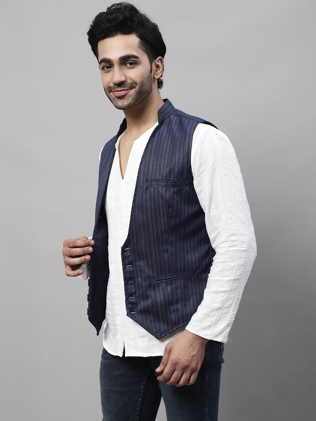 Even Apparels Men's Blue Nehru Jacket With Welt Pockets - Distacart