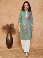 Thumbnail for InWeave Women's Sea Green Pink Lace Gota Work Straight Kurta - Distacart