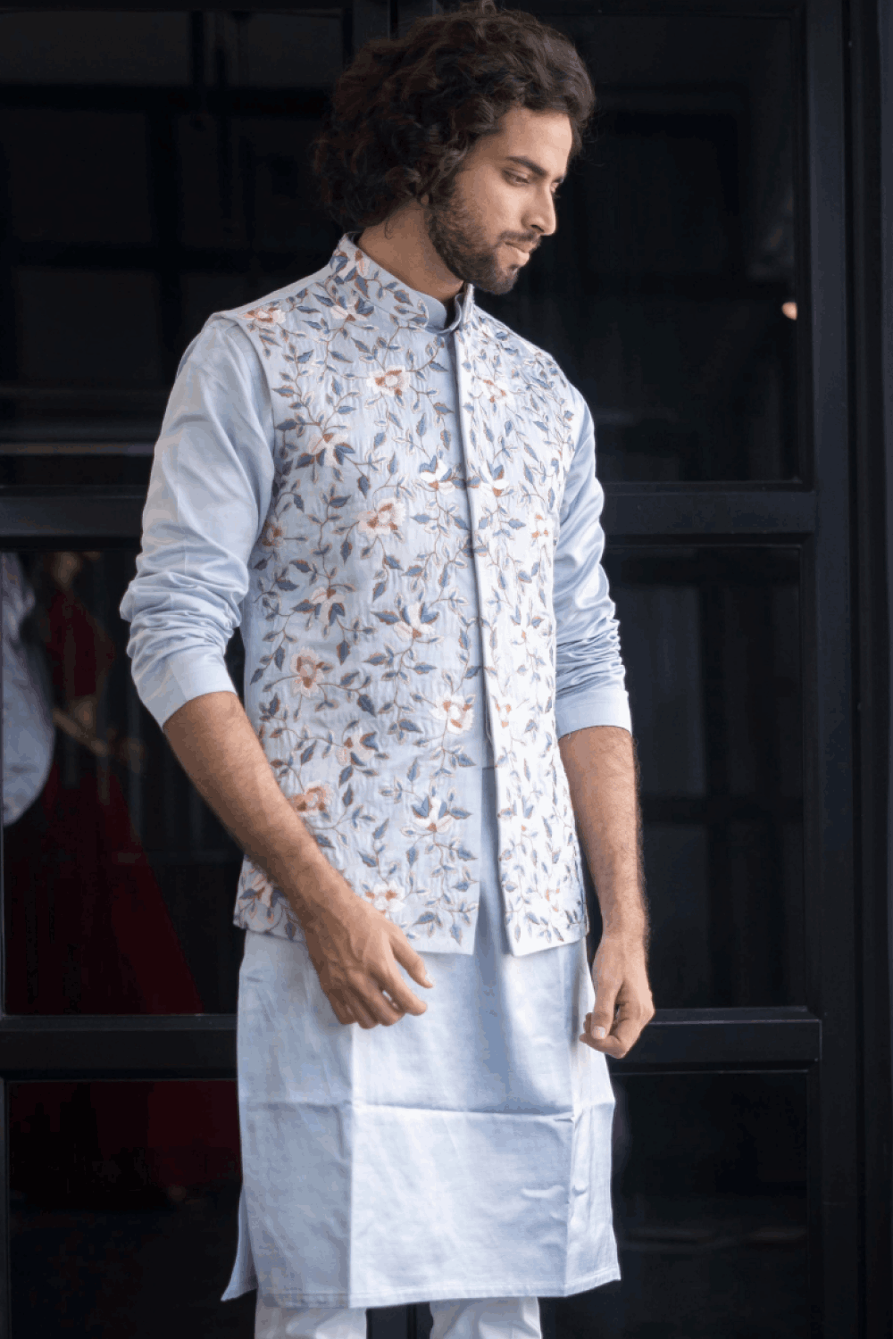 Powder Blue Designer Men's Nehru Jacket by Hilo Designs - Distacart