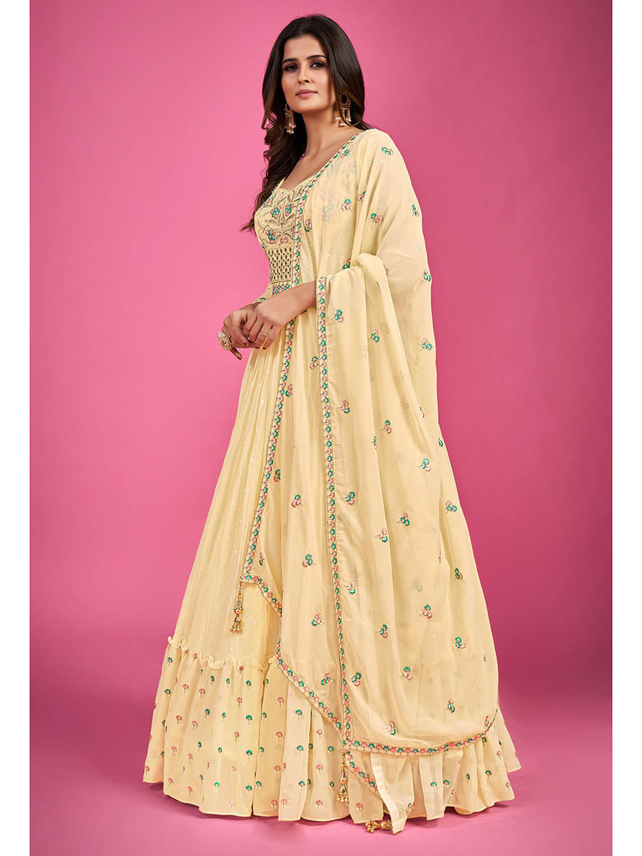 Myra Yellow Pure Georgette Embroidered Gown - Distacart