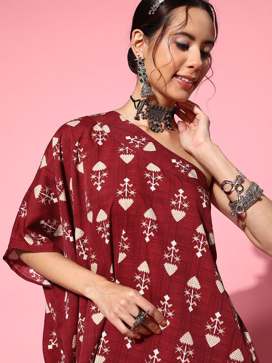 InWeave Women's Maroon Boota One Shoulder Top With Palazzo Set - Distacart