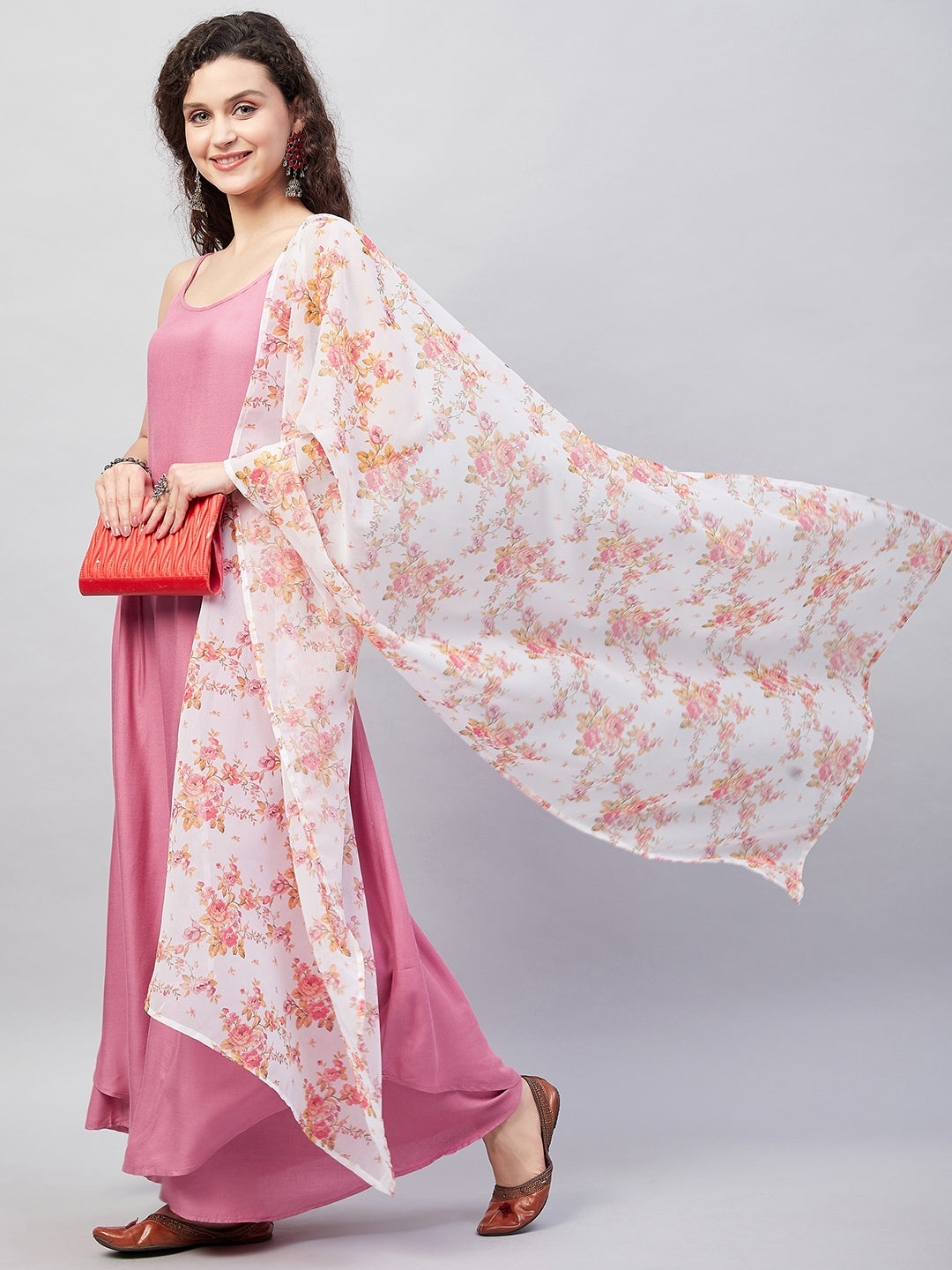 InWeave Women's Light Pink Strappy Set W Cream Orange Print Ge Dupatta - Distacart
