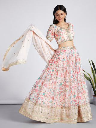 House of Panchhi Cream Colour Organza Floral Design Digital Print Lehenga Choli & Dupatta - Distacart