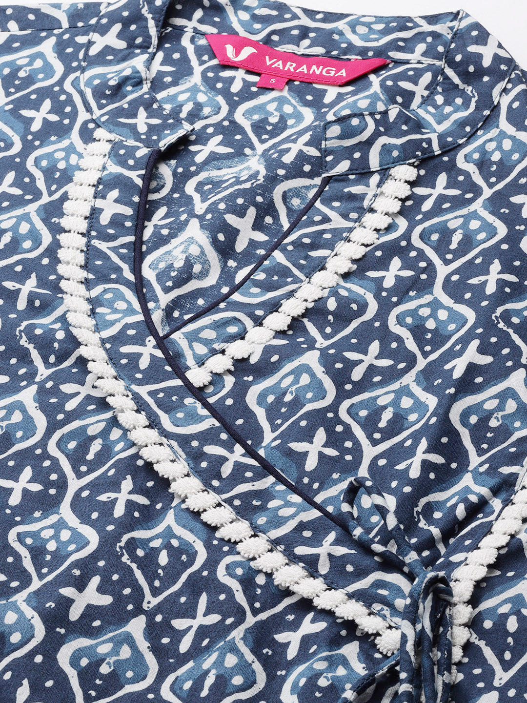 Varanga Women Indigo Printed Kurta With Lace And Tie Up Detailing On Yoke - Distacart