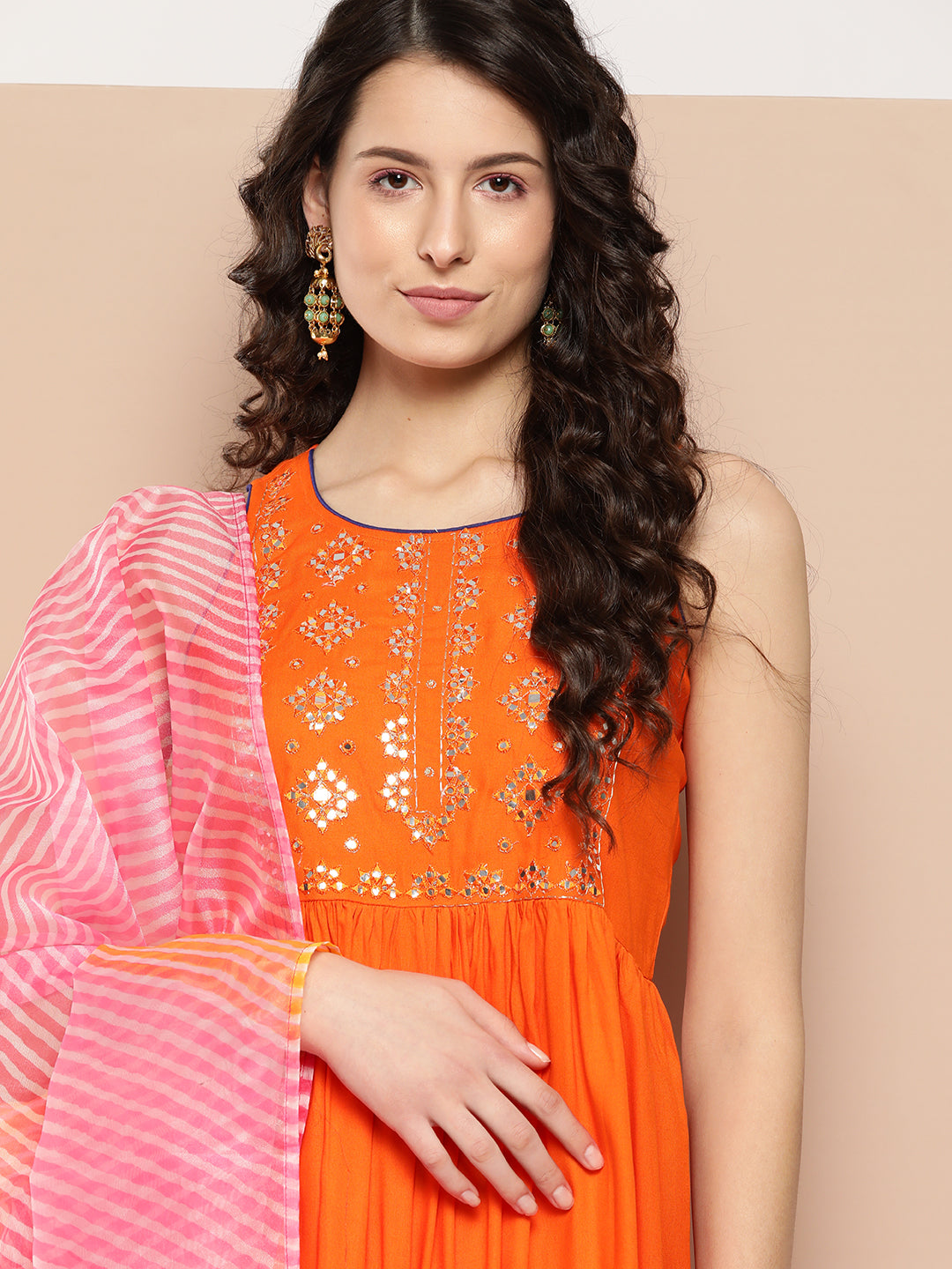 InWeave Women's Orange Mirror Work Aline Strappy Kurta Set W Pink Yellow Leh Dupatta - Distacart