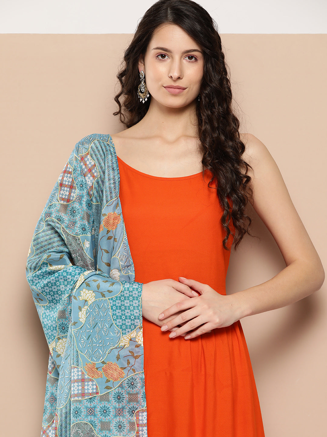 InWeave Women's Orange Strappy Set With Blue Chinnon Print Silk Dupatta - Distacart