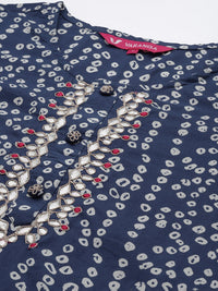 Thumbnail for Varanga Blue Bandhani Print Embroidered Kurta Has Round Neck - Distacart