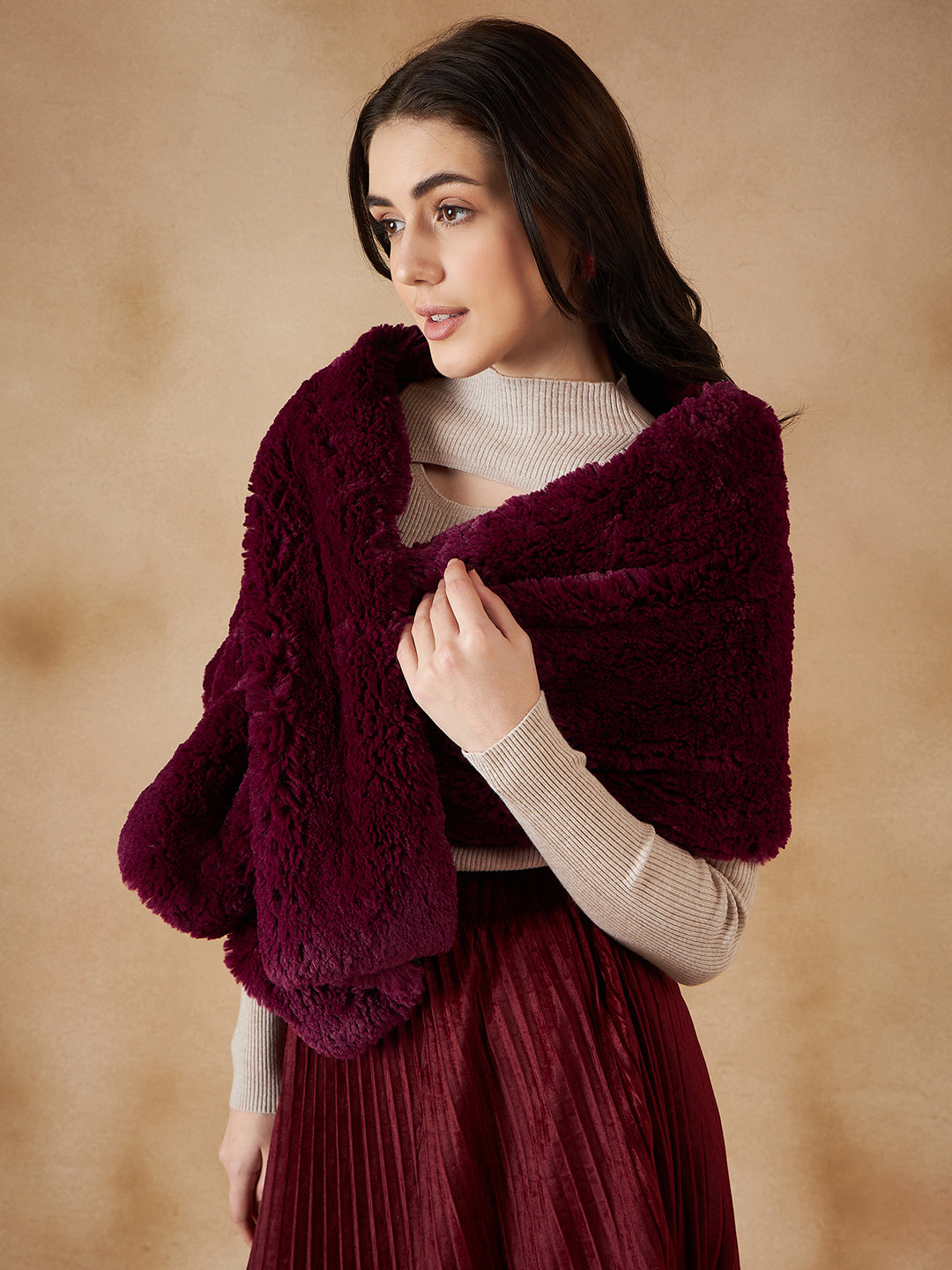 InWeave Women's Burgundy Long Faux Fur Cape - Distacart