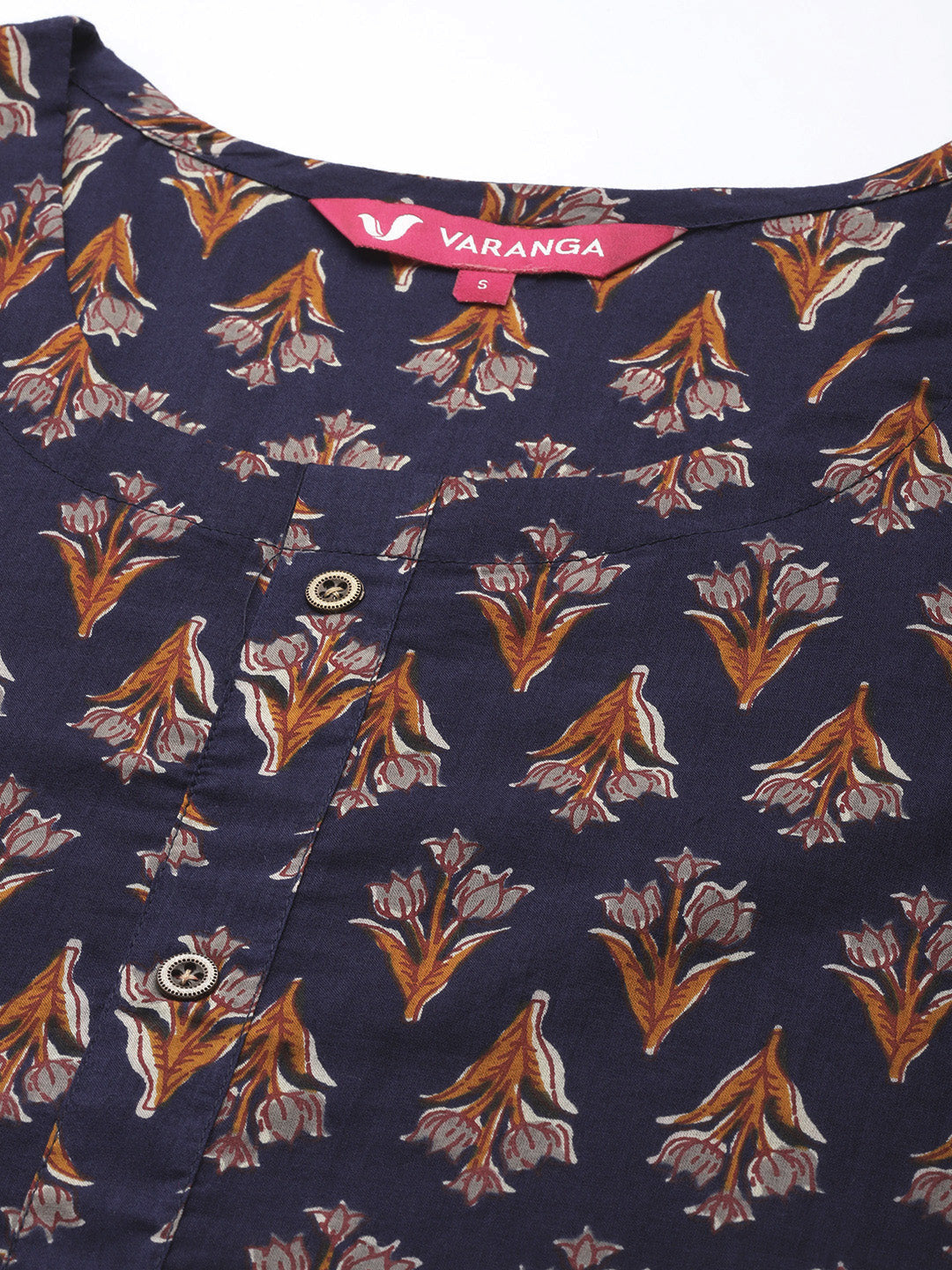Varanga Navy Blue Floral Printed Straight Kurta With Three Quarter Sleeves - Distacart