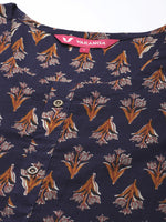 Thumbnail for Varanga Navy Blue Floral Printed Straight Kurta With Three Quarter Sleeves - Distacart