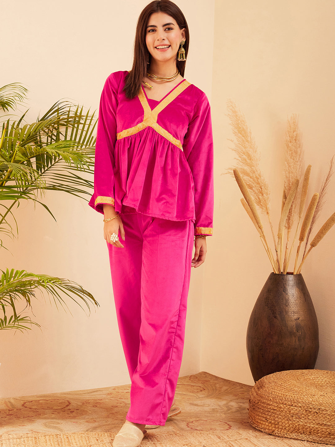 InWeave Women's Magenta Mughal Shaan Style Velvet Short Kurta Set - Distacart