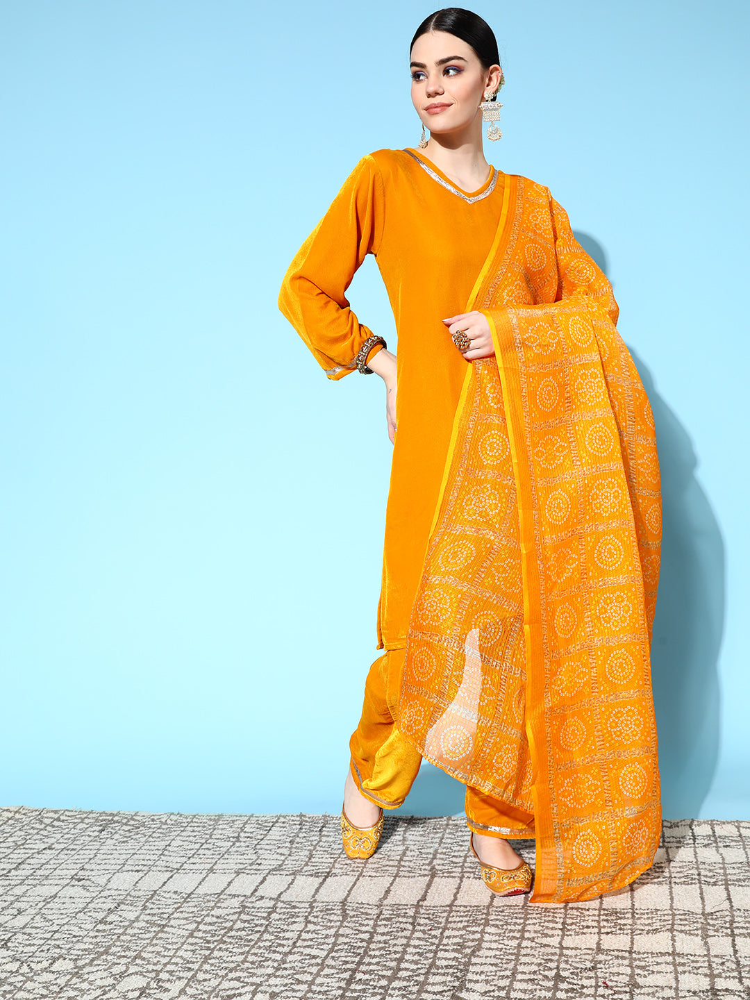 InWeave Women's Mustard Velvet Kurta Set With Mustard Kota Bandhani Dupatta - Distacart