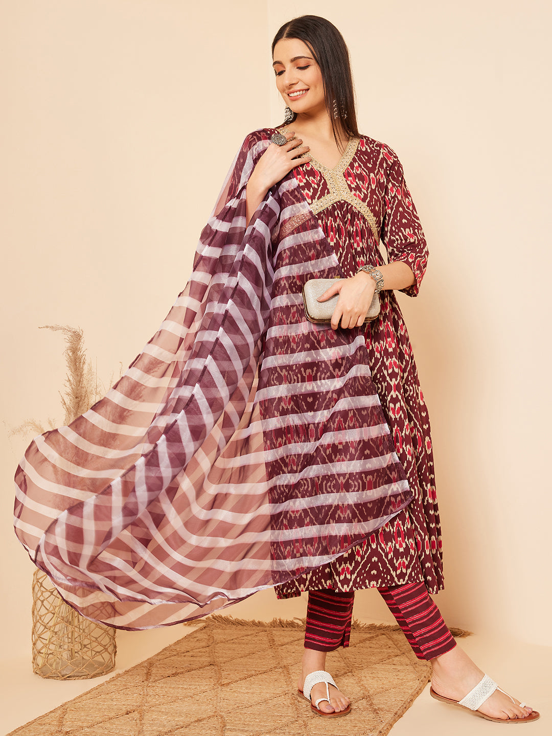 InWeave Women's Wine Ikkat Print Alia Cut Gota Work Kurta Set W Wine Leh Dup - Distacart