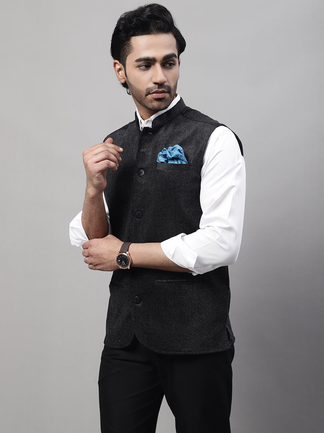 Even Apparels Men's Black Nehru Jacket With Welt Pockets - Distacart