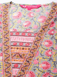 Thumbnail for Varanga Women Taupe & Pink Cotton Floral Print Kurta - Distacart
