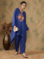 Thumbnail for InWeave Women's Ink Blue Square Yellow Patch Work Assymentrical Kurta Set - Distacart