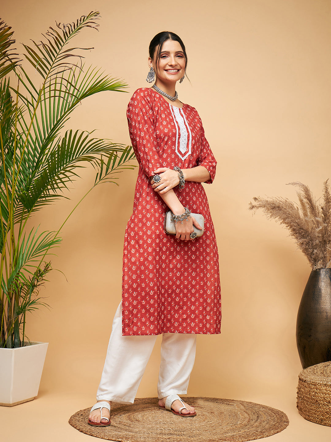InWeave Women's Rust Small Floral Print Lace Straight Kurta - Distacart
