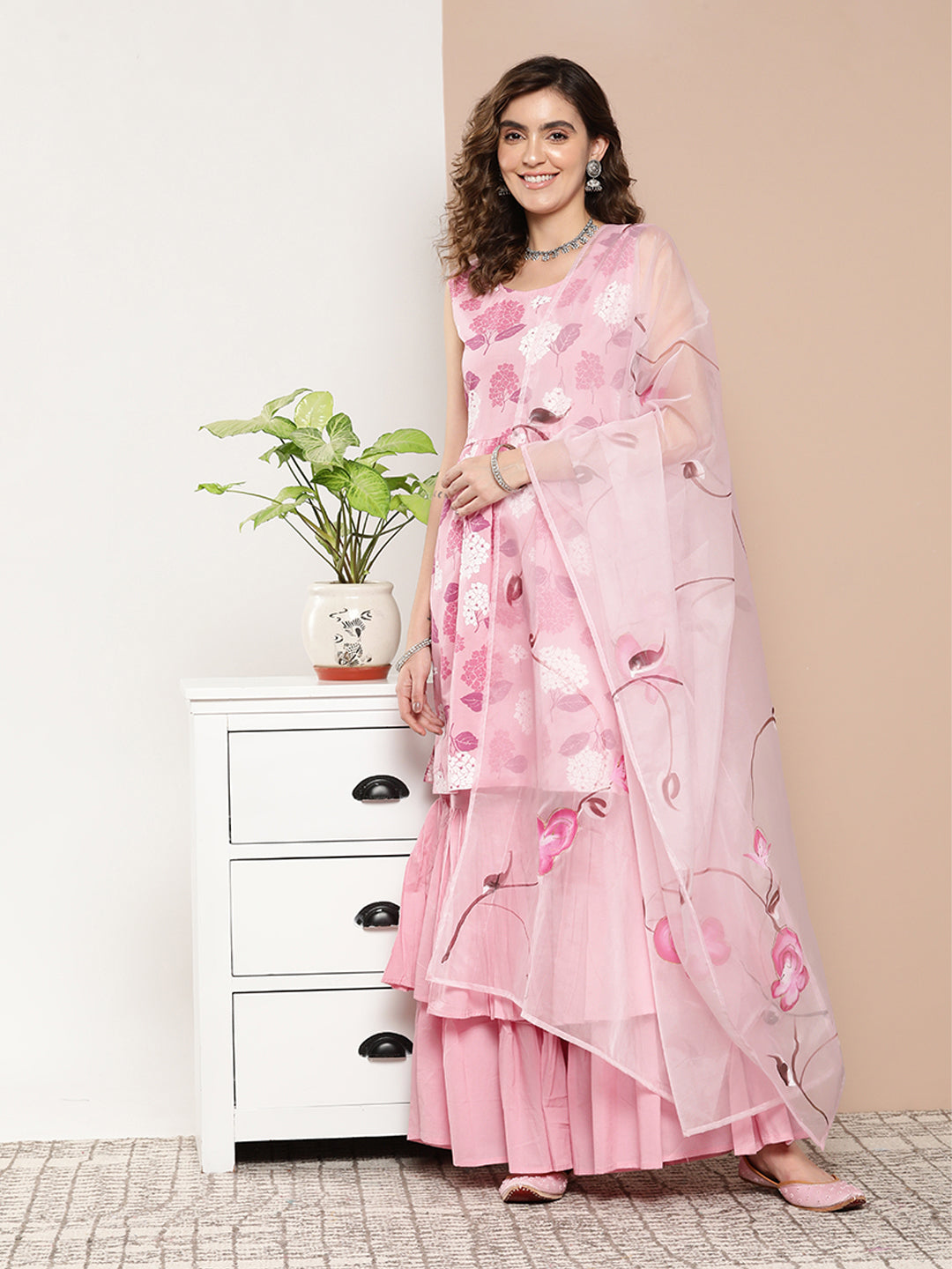InWeave Women's Pink Printed Chintz Tiered Sharara Set With Dupatta - Distacart