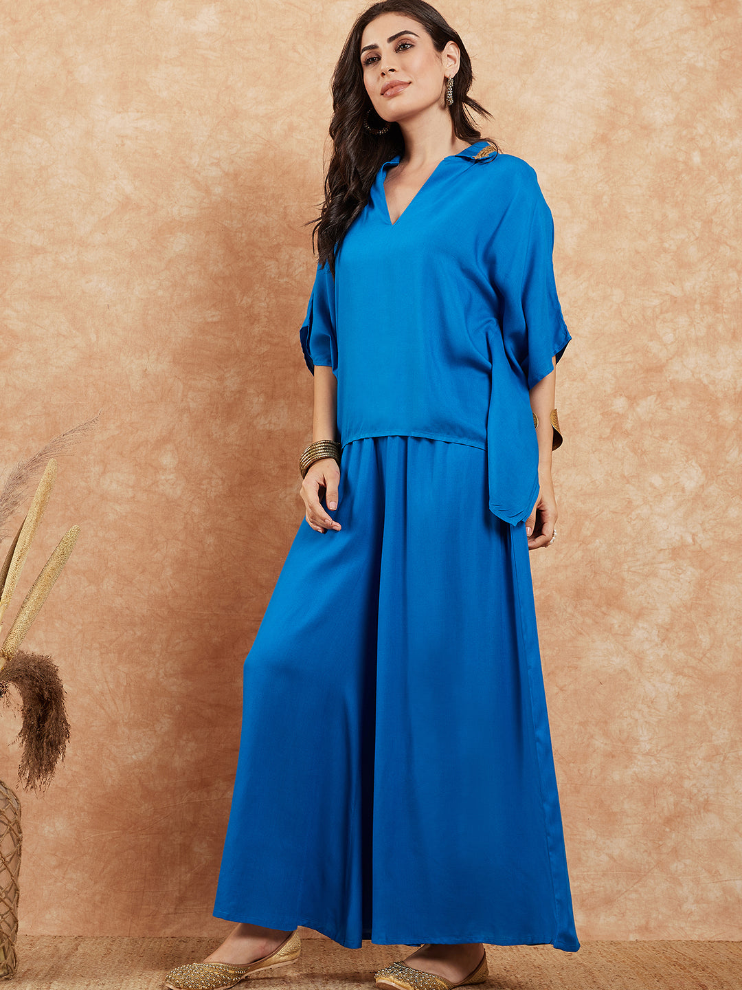 InWeave Women's Ink Blue Solid Collar Neck Boho Top Bottom Set - Distacart