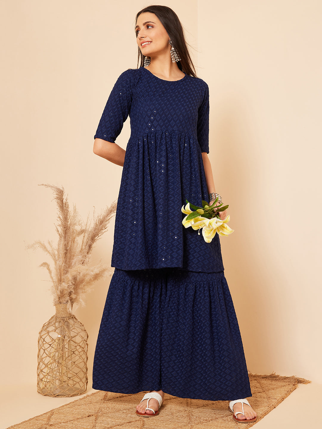 InWeave Women's Royal Blue Chikankari Kurta Set With Sharara - Distacart