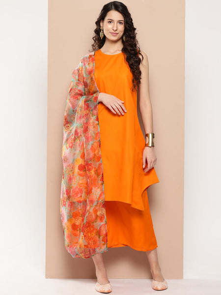 InWeave Women's Tangy Orange Short Pallazo Set W Green Or Dupatta - Distacart