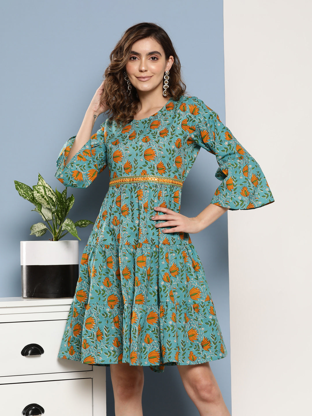 InWeave Women's Blue Mustard Print Short Dress - Distacart