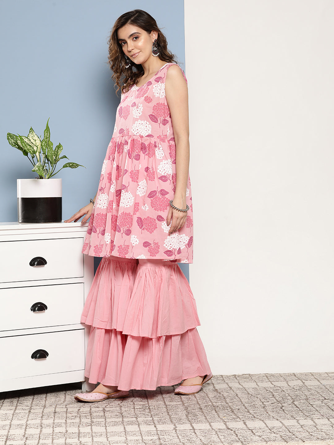 InWeave Women's Pink Printed Chintz Tiered Sharara Set - Distacart