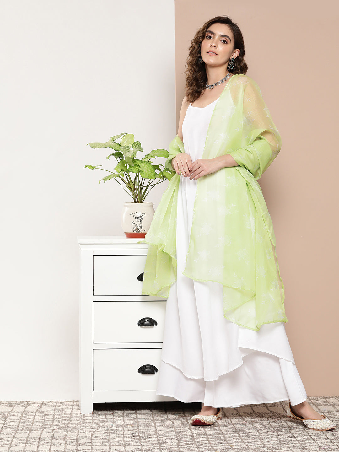 InWeave Women's Cream Strappy With Green White Chintz Organza Dupatta - Distacart