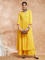 Thumbnail for InWeave Women's Butter Yellow Chikankari Long Anarkali Kurta Sharara Set - Distacart