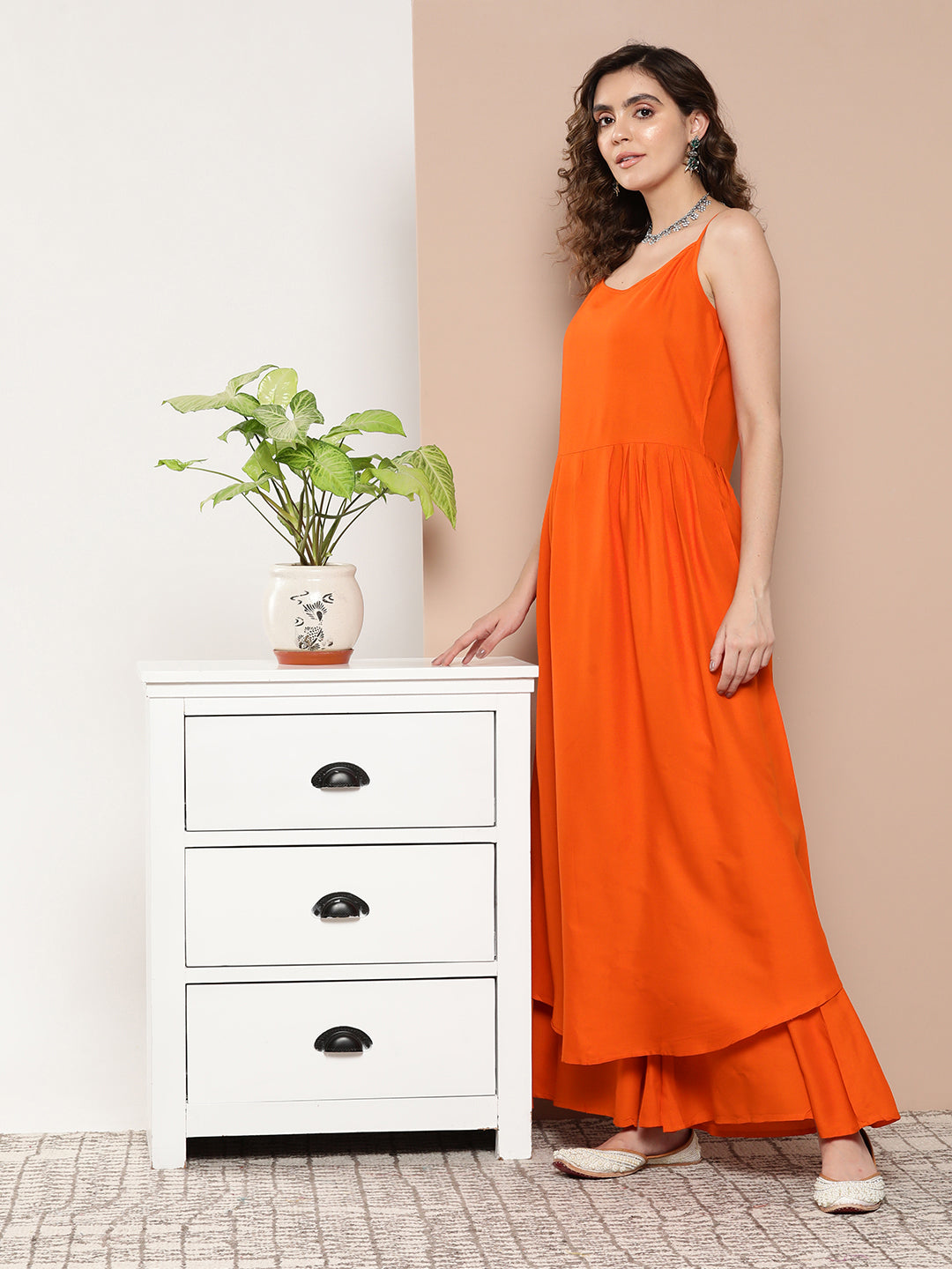 InWeave Women's Orange Strppy Set With Red Big Floral Print Dupatta - Distacart