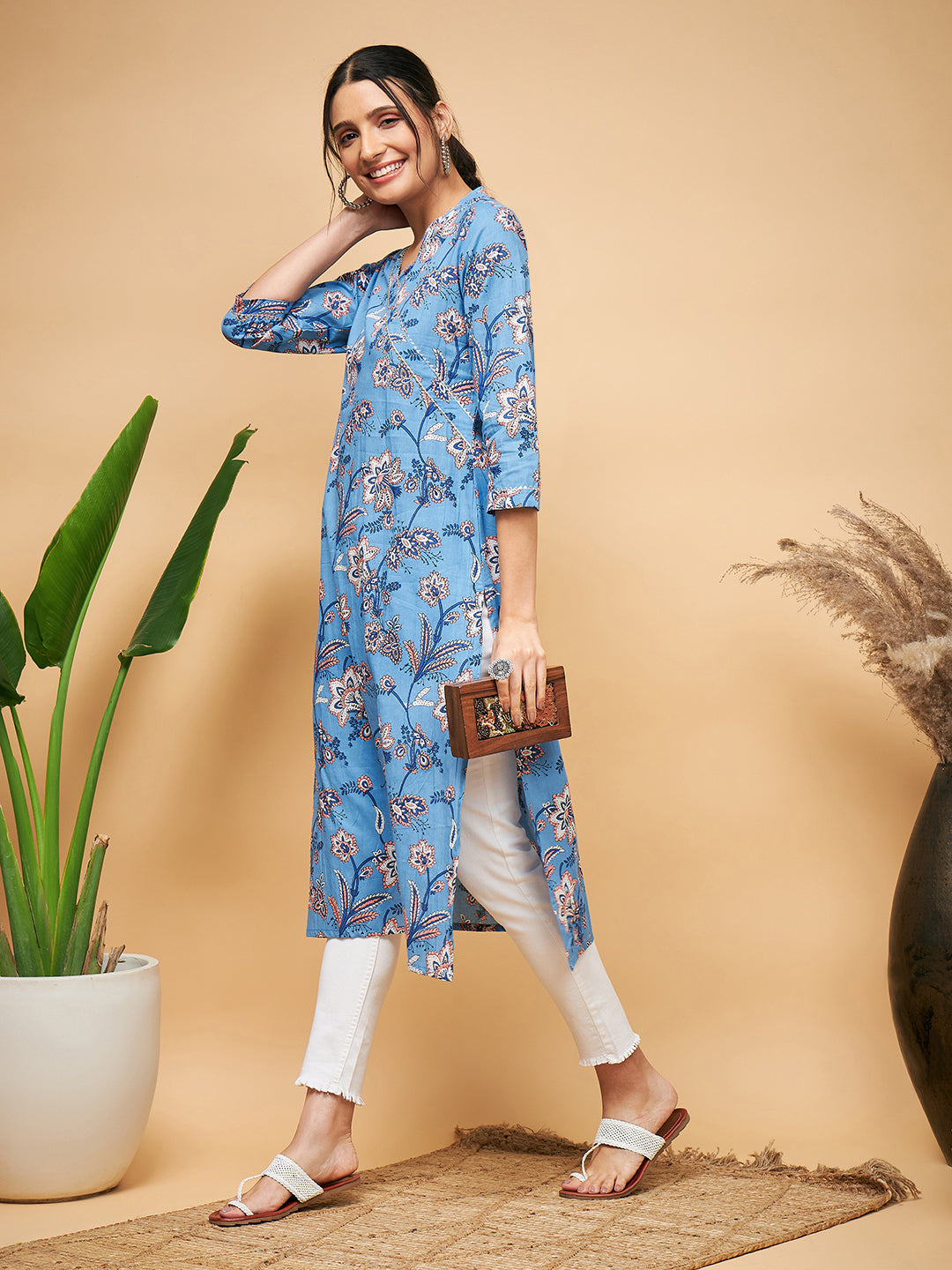 InWeave Women's Skyblue Pink Floral Angrakha Straight Kurta - Distacart