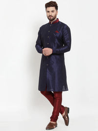 Thumbnail for Kalyum Men's Navy Blue Solid Kurta with Maroon Churidaar Pyjama Set - Distacart