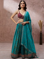 Thumbnail for House of Panchhi Printed Embroidery Teal Georgette Sequin Lehenga Choli - Distacart