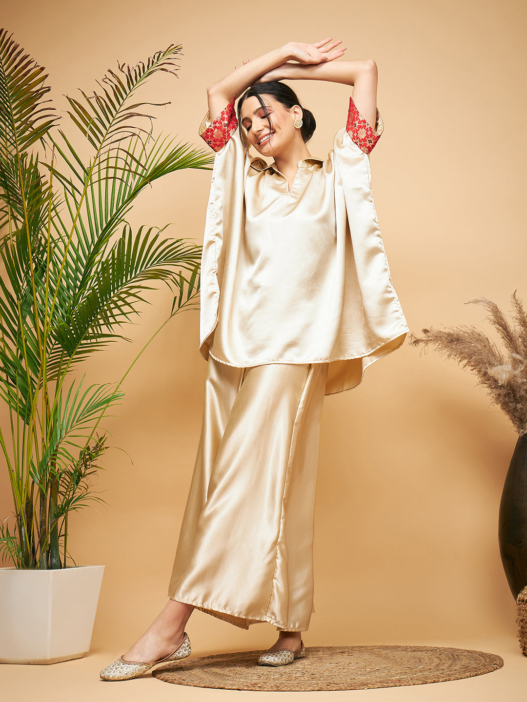 InWeave Women's Beige Red Brocade Boho Satin Top W Palazzo Set - Distacart