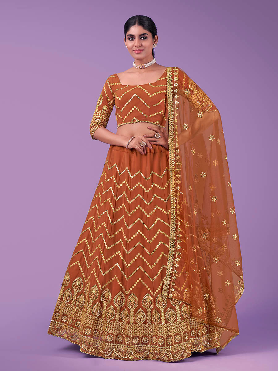 Myra Orange Georgette Embroidered Designer Lehenga - Distacart