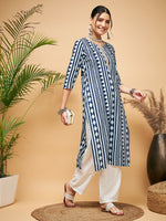 Thumbnail for InWeave Women's White Navy Stripe Print Gota Straight Kurta - Distacart