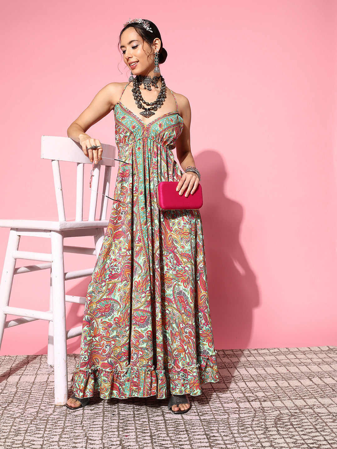 InWeave Women's Green Paisley Print Back Detail Long Dress - Distacart