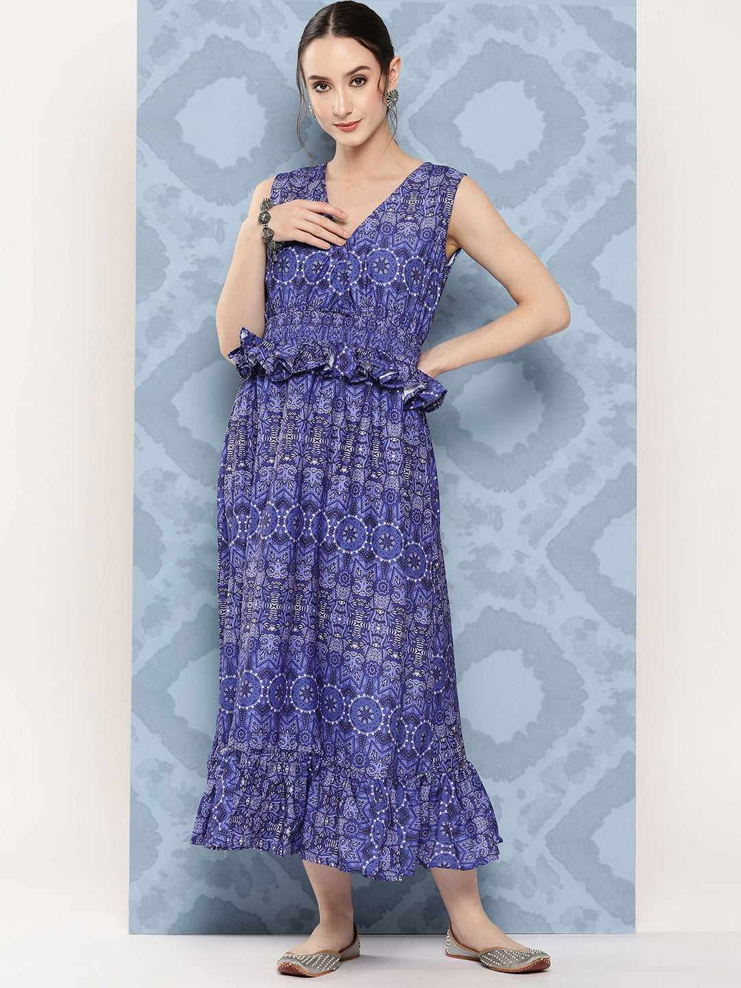 InWeave Women's Blue Floral Paisley Print Long Frill Dress - Distacart