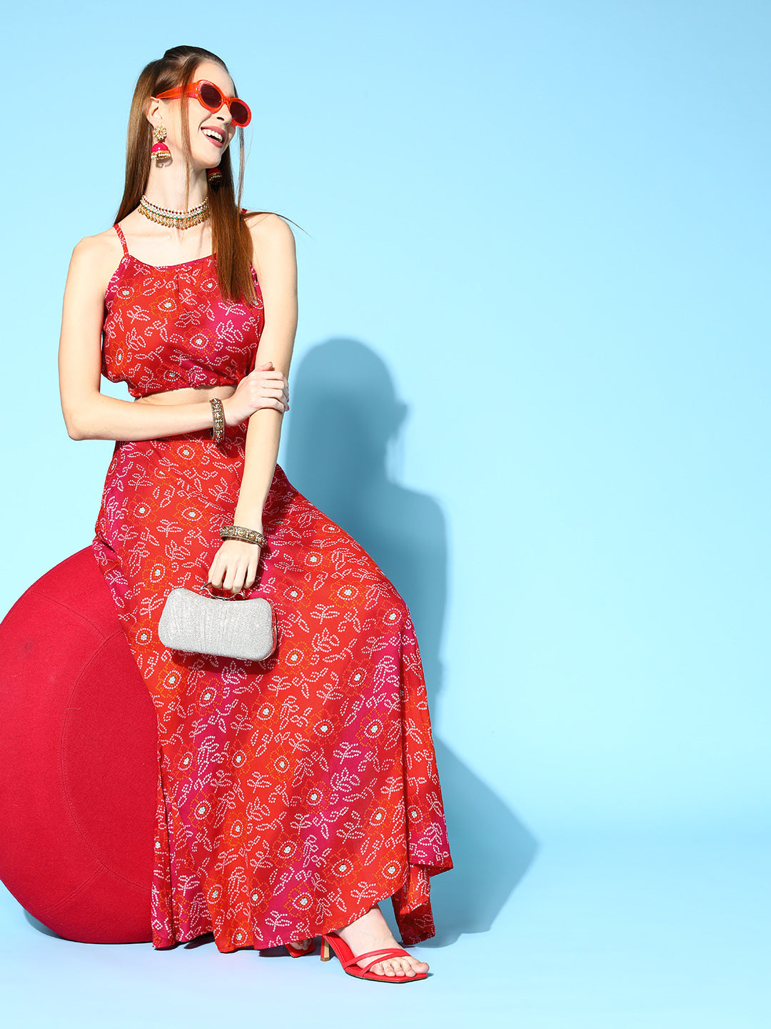 InWeave Women's Red Bandhej Crop Top With Skirt Set - Distacart