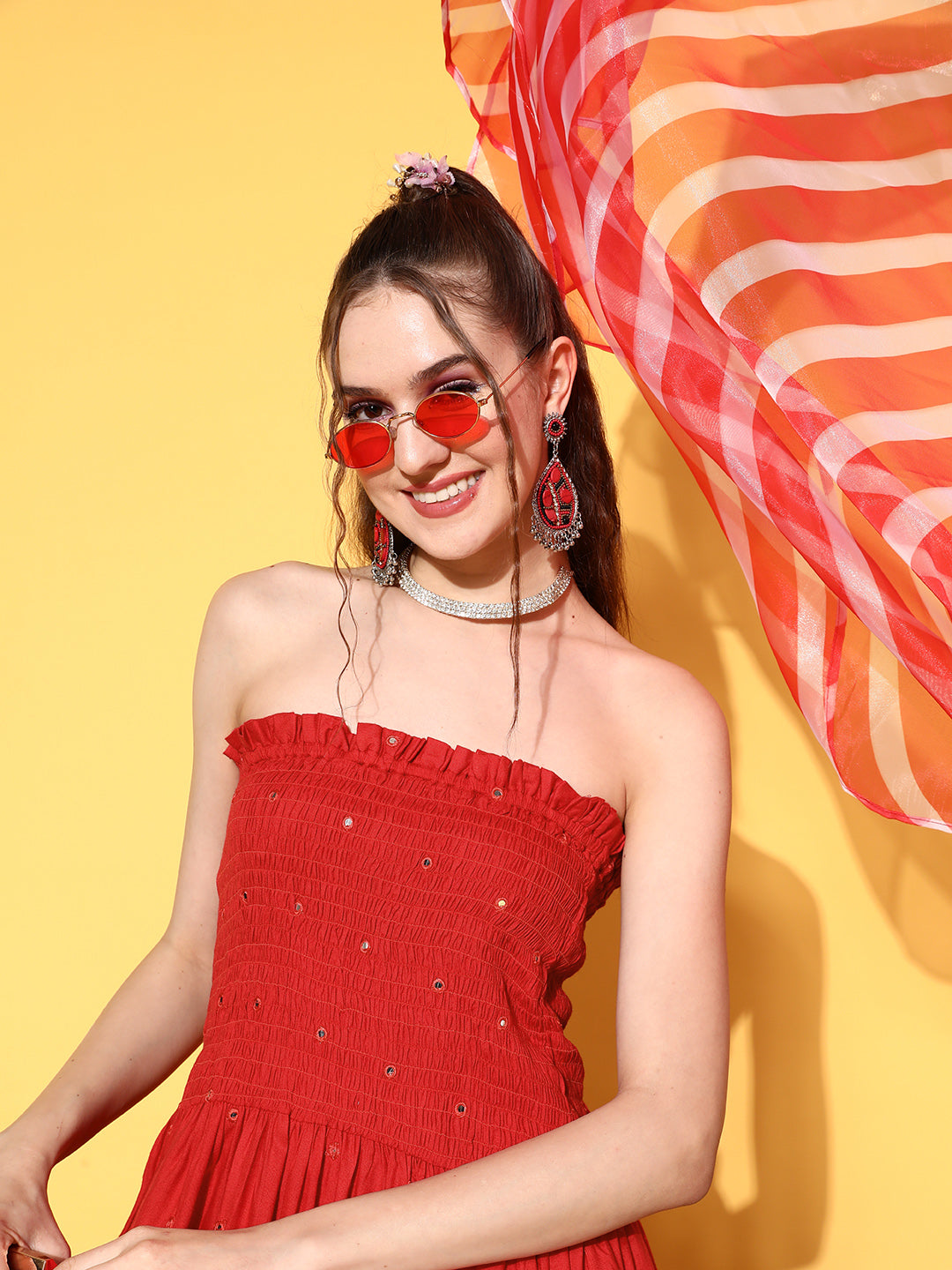 InWeave Women's Red Mirror Work Off Shoulder Kurta Set With Lehriya Dupatta - Distacart