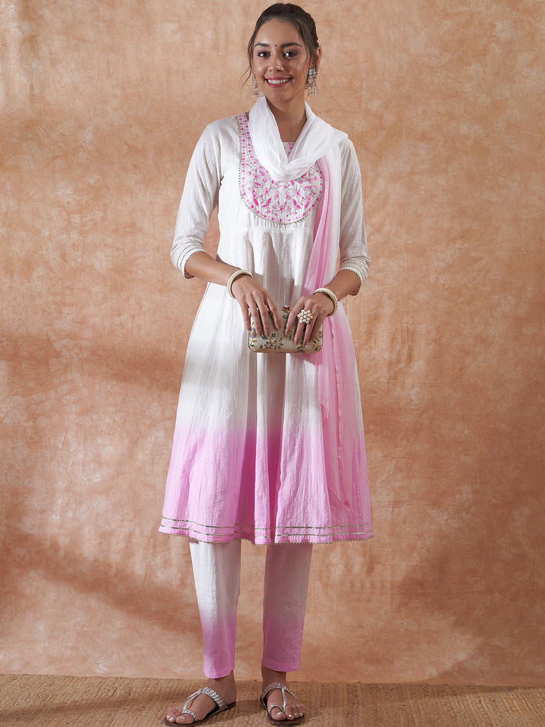 InWeave Women's White Lurex Pink Dye Patch Gota Anarkali Kurta Set W Dupatta - Distacart