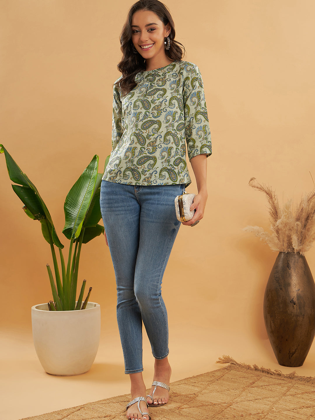 InWeave Women's Sage Green Paisley Print Top - Distacart