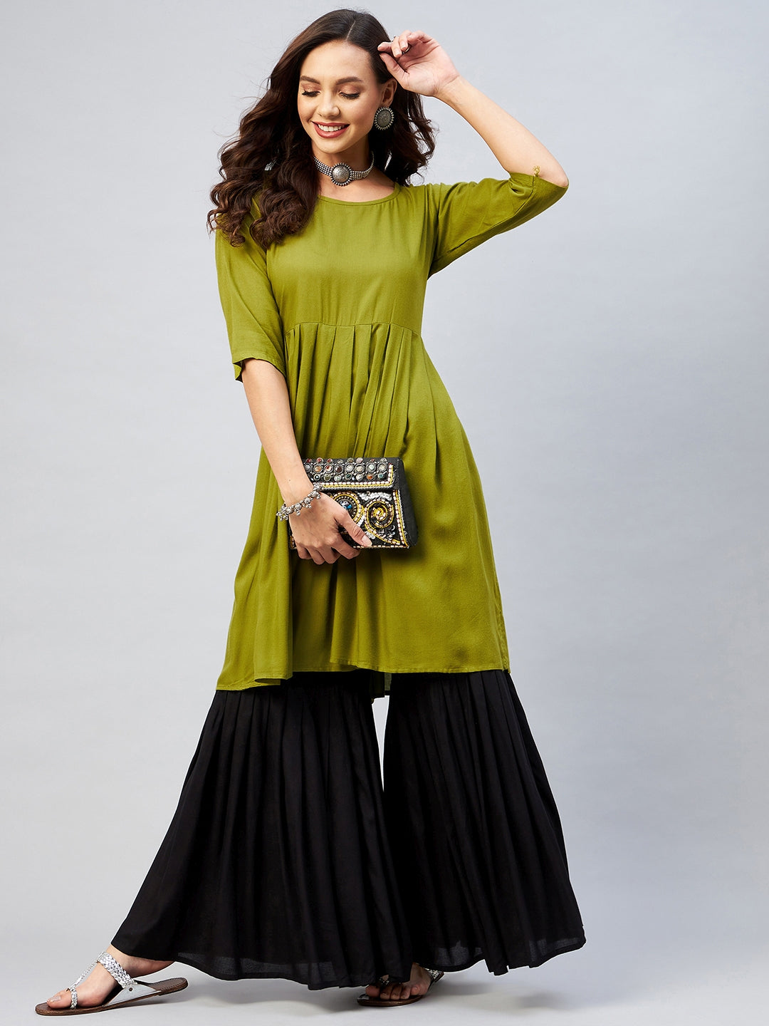 InWeave Women's Olive Short Anarkali Kurta - Distacart