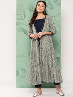 Thumbnail for InWeave Women's Navy Top Bottom W Grey Bandhej Long Shrug Set - Distacart