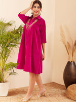 Thumbnail for InWeave Women's Fuchsia Velvet Collared Neck Flared Midi Dress - Distacart
