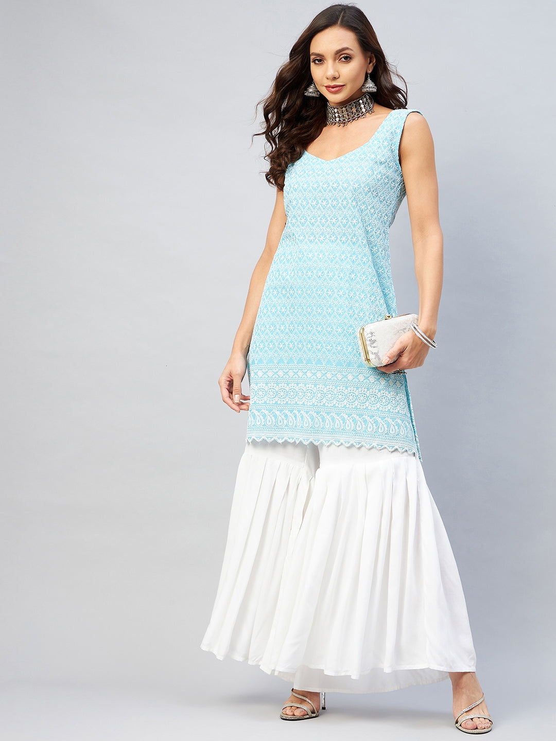 InWeave Women's Sky Blue Sweetheart Neckline Kurta - Distacart