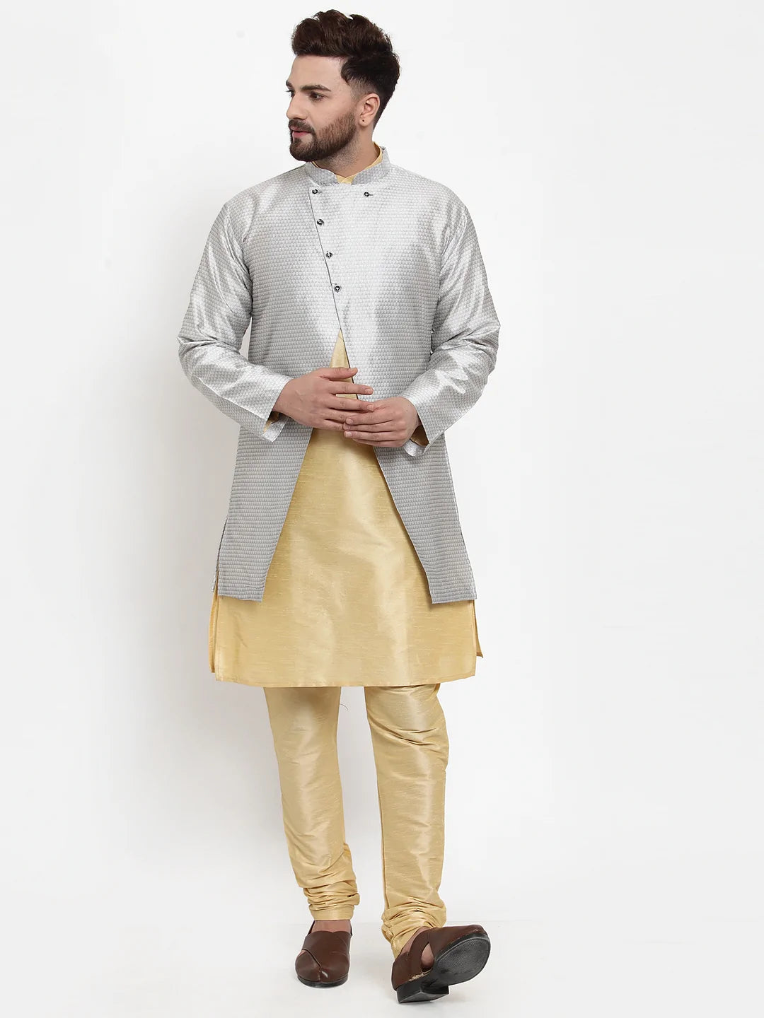 Kalyum Men's Gold Kurta With Pyjama & Grey Self Design Jacket - Distacart