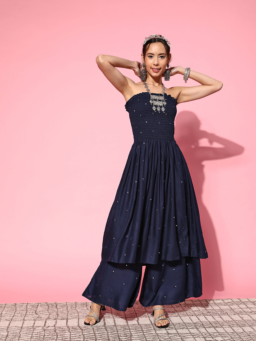 InWeave Women's Navy Blue Mirror Work Off Shoulder Kurta Set - Distacart